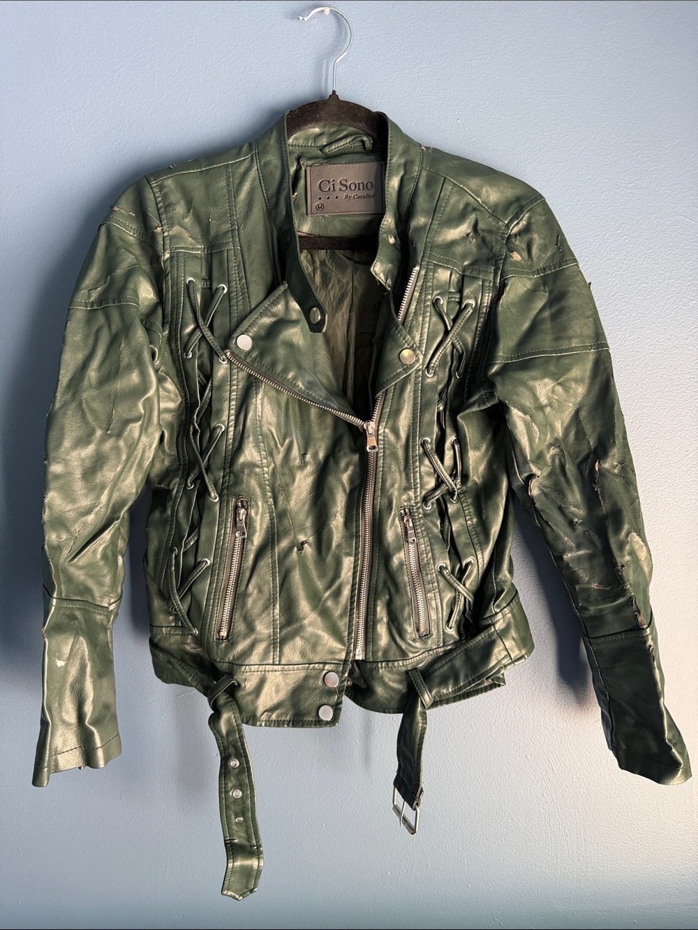 Ci Sono Women's Dark Green Lace-Up Faux Leather Biker Jacket